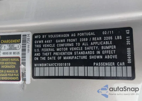 2012 Volkswagen Eos Komfort from USA, damaged, VIN WVWBW7AH7CV001819